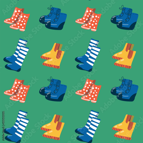 Autumn or spring footwear in playful naive style, seamless pattern. Rubber children’s shoes in bright palette.