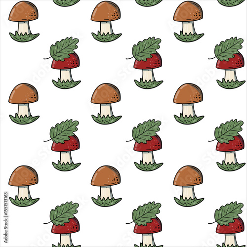 Forest mushrooms, seamless pattern. Hand-drawn doodle style. Design elements on a white background, for autumn, forest, summer themes, covers, wrapping paper, scrapbooking, textile prints.