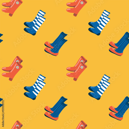 Funny children’s boots, seamless pattern. Hand-drawn in a playful naive style. Bright palette on a vibrant yellow background. For footwear branding, children’s product design with a cheerful mood 
