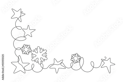 Festive stars and snowflakes drawn with continuous line in minimalism, one line, Xmas decor. Greeting card, invitation to holiday. Editable vector outline.