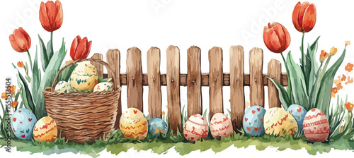 easter eggs on a wooden fence ,Seamless border with spring Happy Easter concept