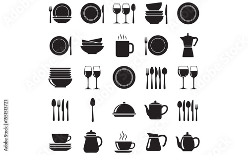 Silhouette Dinner Set Icon – Minimal Vector Plate, Spoon, Fork, Knife for Kitchen & Restaurant Design