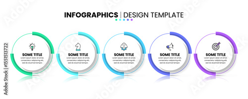 Infographic template. 5 standing circles in a row with icons