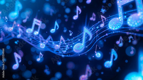 Abstract music background with glowing notes and colorful light effects on a dark backdrop
