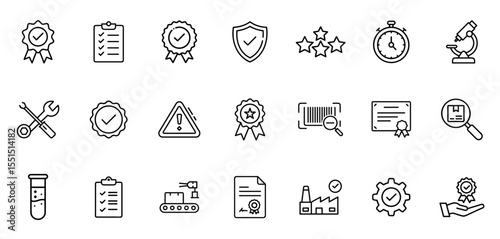 Quality control icon set. Vector line pictograms of evaluation, inspection, quality check, certificate, assurance, testing, defect detection, and product validation illustration