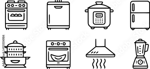 Simple line art illustration of various kitchen appliances and cooking tools