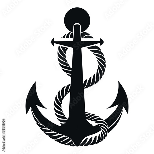 Vector Silhouette of an Anchor Icon with Coiled Rope in Bold Minimalist Style on White Background