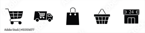 E-Commerce and Shopping Icon Set — Cart, Delivery, Bag, Basket, Store Outline Symbols
