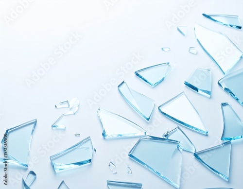 Transparent glass shards overlay scattered over a pure white background, glowing edge 