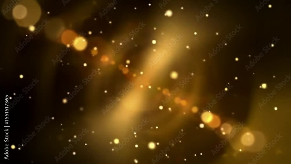 Golden light particles floating in space with lens flares and bokeh effect in a dark background