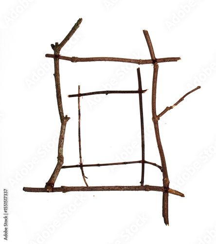 Natural Wood Stick Homemade Picture Frame Wonky On White Background