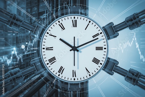 Modern clock and futuristic digital stock market data graph interface concept for business timing.