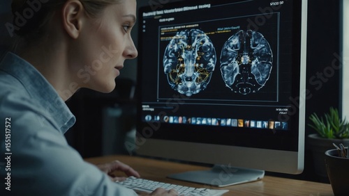 Blonde Woman Examines Brain Scan Images on a Computer Screen at Desk
