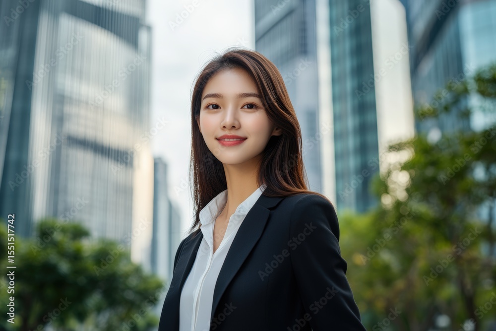 Portrait of cheerful Asian businesswoman in formal outfit, standing confidently in front of modern high-rise office buildings, perfect for workplace positivity and urban career lifestyle concept Portrait of cheerful Asian businesswoman in formal outfit, standing confidently in front of modern high-rise office buildings, perfect for workplace positivity and urban career lifestyle concept