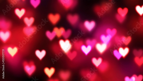 Romantic Valentine's Day bokeh background featuring many out of focus heart shapes in shades of red and pink perfect for love themed designs and celebrations.