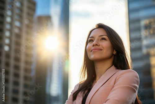Confident Hispanic businesswoman in cityscape, standing with a cheerful expression, looking skyward with hope and ambition, perfect for empowering women and diversity in business leadership concept