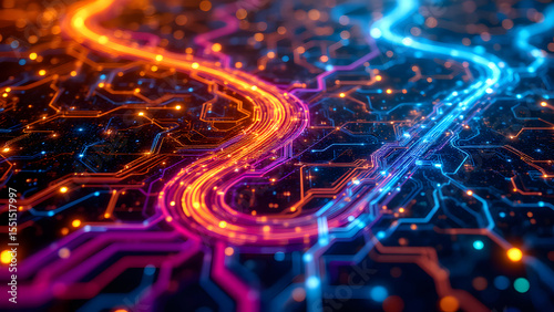Digital Pathways: Intricate circuits and glowing pathways of data transfer, illuminated by vibrant colors, illustrate the complex networks of modern technology and digital connectivity.