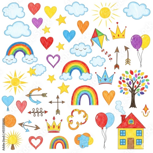 Collection of cheerful crayon drawings featuring rainbows hearts clouds suns balloons and a house isolated on white background
