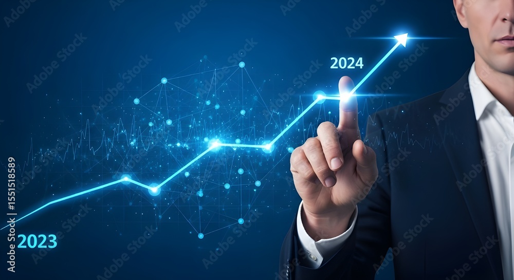 Naklejka premium Growth Chart with Years 2023 and 2024 | Business Success Vision with Man Pointing at Rising Trend Line on Blue Background for Financial Planning, Investment and Future Forecasts