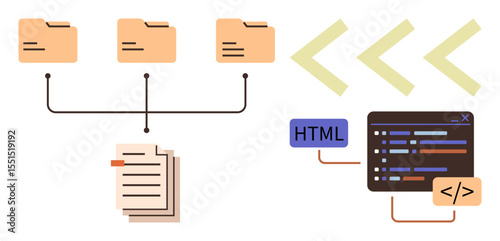 Folders connected to a document, showcasing file organization alongside HTML coding elements and tags. Ideal for web development, coding logic, digital workflow, software design, technical training