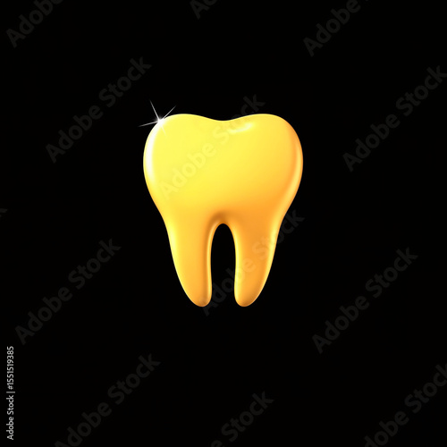 Shiny yellow cartoon tooth illustration on black background, dental health concept
