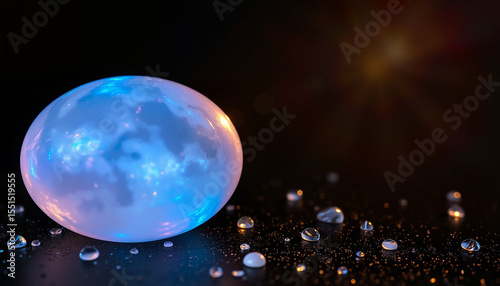 Translucent glowing orb with water droplets on black surface, enchanting and mysterious atmosphere
