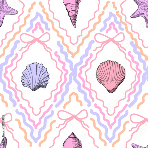 Seamless pattern with seashells, starfish, rhombuses and bows. Marine pattern in purple and pink colors on white background. Hand drawn illustration. Vector.
