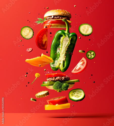 Bright green hot pepper levitates with assorted fresh vegetables and a hamburger, creating an eye-catching culinary composition