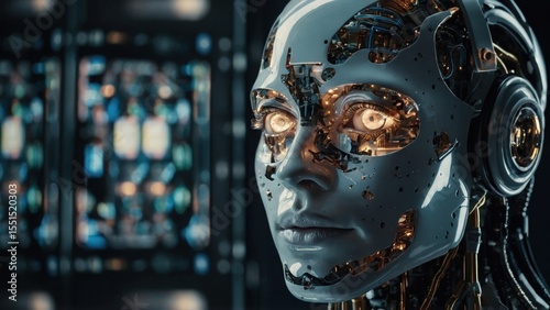 Close-up of a Cybernetic Head with Glowing Eyes and Visible Internal Mechanics