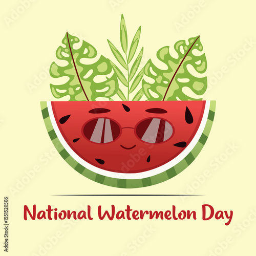 Watermelon for International Watermelon Day on beige background, in glasses and tropical leaves nearby