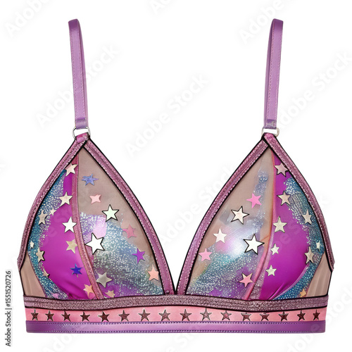 Pink star embellished bra isolated on background featuring sheer fabric and sparkle details
