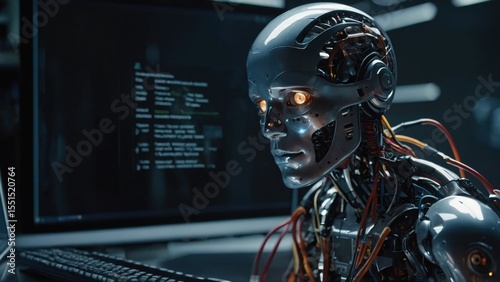 Cyborg Type on Keyboard While Analyzing Data on Computer Screen in Dimly Lit Room