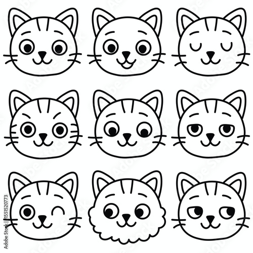 Cute Cartoon Cat Face Icons Set – Black and White Line Art for Kids Coloring Pages