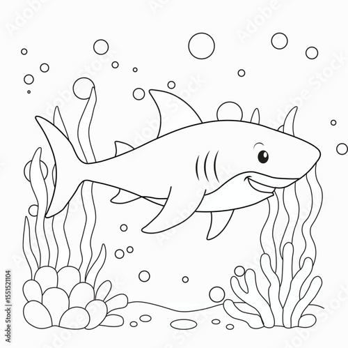 Marine LifeCute Shark Coloring Page – Underwater Scene with Seaweed and Coral | Black and White Line Art Illustration for Kids Coloring Page – Fish, Seaweed, and Coral Outline Illustration