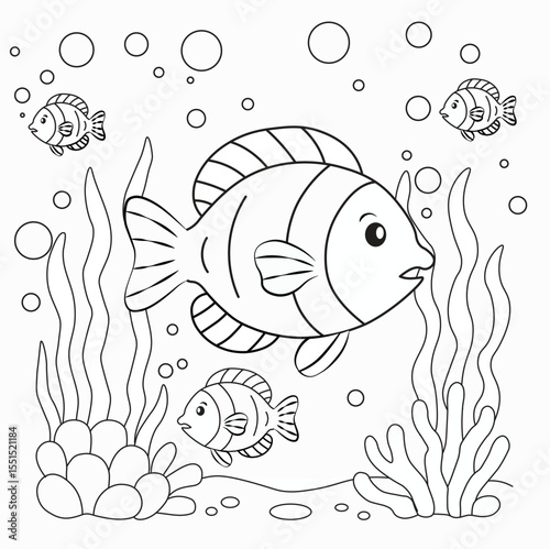 Marine Life Coloring Page – Fish, Seaweed, and Coral Outline Illustration
