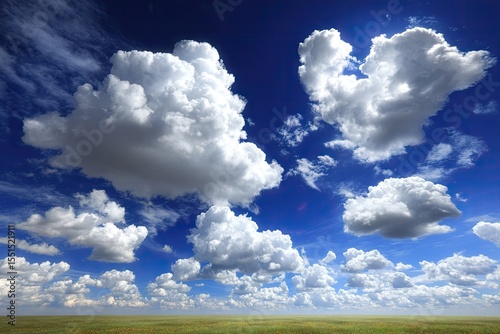 Vast expanse of bright blue sky, dotted with large, puffy cumulus clouds, over a flat, grassy plain
