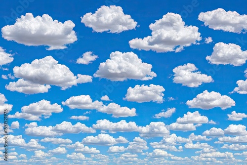 A vast expanse of a brilliant blue sky dotted with numerous puffy white cumulus clouds