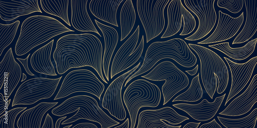 Vector art deco line leaves pattern, linear gold on blue floral luxury nature texture, elegant foliage background. Nouveau fancy jungle print. garden ornament, botanical exotic wallpaper.