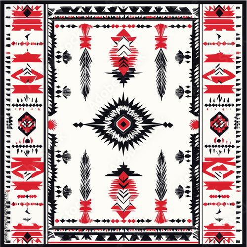 Black, red, and white Aztec ornaments are combined to form a modern geometric ethnic seamless pattern