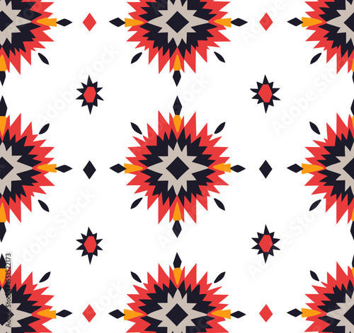 This modern seamless product features a traditional Mexican ornamental textile with vibrant hues