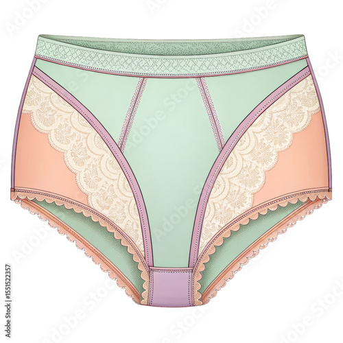 High waisted panties illustration with floral lace in soft pastel colors underwear design