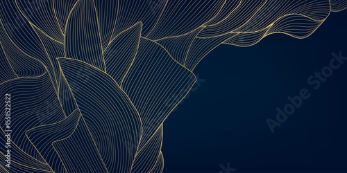Vector art deco line leaves pattern, linear gold on blue floral luxury nature texture, elegant foliage background. Nouveau fancy jungle print. garden ornament, botanical exotic wallpaper.