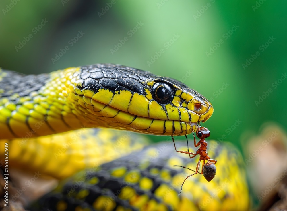 Fototapeta premium A close-up of an ant standing on the head and mouth of an open, yellow and black snake, ready to strike. The background is blurred green grass with trees in the depth of field, in a natural environmen