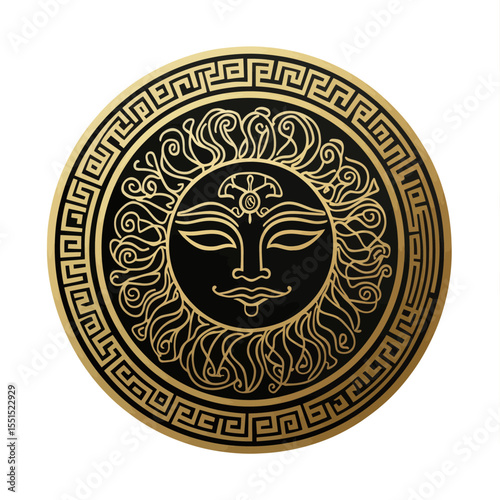 A modern illustration, isolated and featuring Medusa Gorgon's golden head on a shield, is rendered in hand-drawn line art and dot work print design, symbolizing the Gorgoneion, a protective amulet