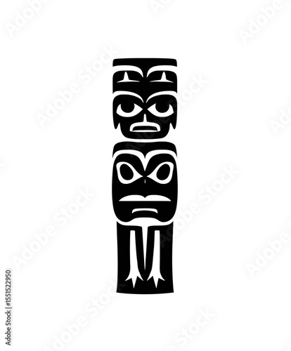 In a flat modern illustration isolated on white, a black silhouette represents an Indian totem, symbolizing through a wooden object the connection to an animal, a plant, and a specific family, clan,