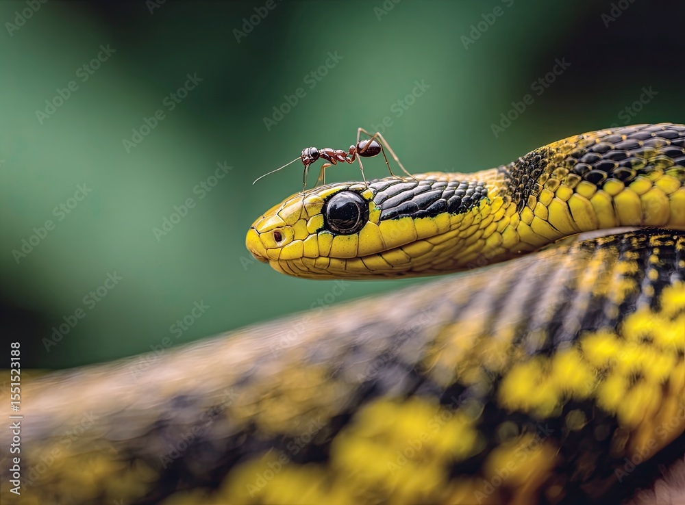 Obraz premium A close-up of an ant standing on the head and mouth of an open, yellow and black snake, ready to strike. The background is blurred green grass with trees in the depth of field, in a natural environmen