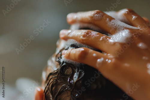 Hand lathering shampoo into wet curly hair with soap suds
