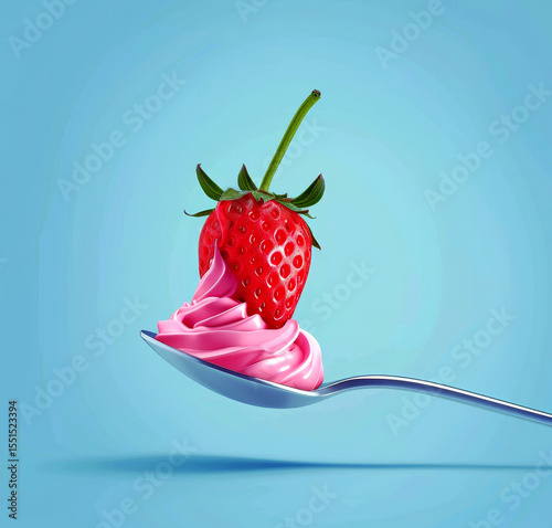 A vivid strawberry sits on a swirl of pink cream on a spoon, set against a smooth blue backdrop, creating an appealing visual contrast