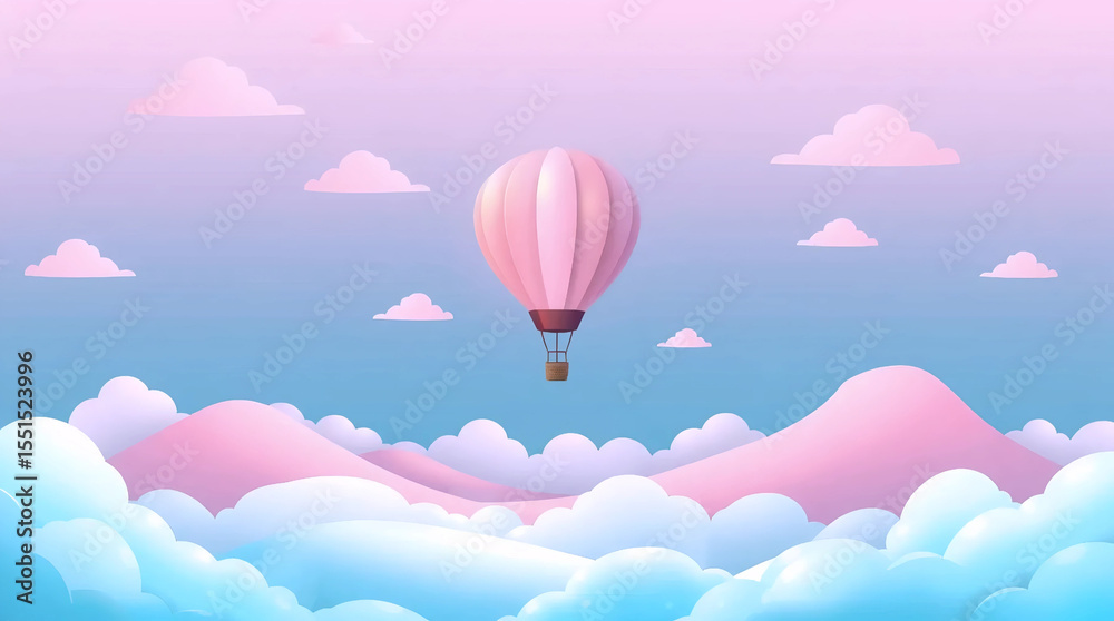 Obraz premium pastel hot air balloon flying above pink and blue fluffy clouds, dreamy travel scene with surreal sky and soft mountain waves