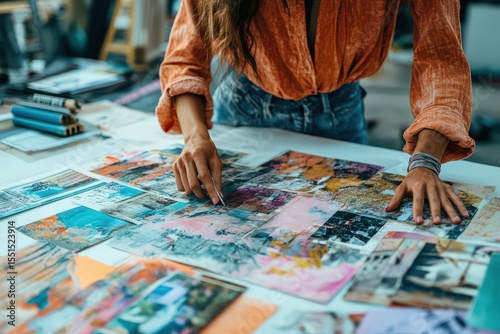  Stylist reviewing mood board on white background, collage of images, fabric swatches, color samples and gestures tell layered design story